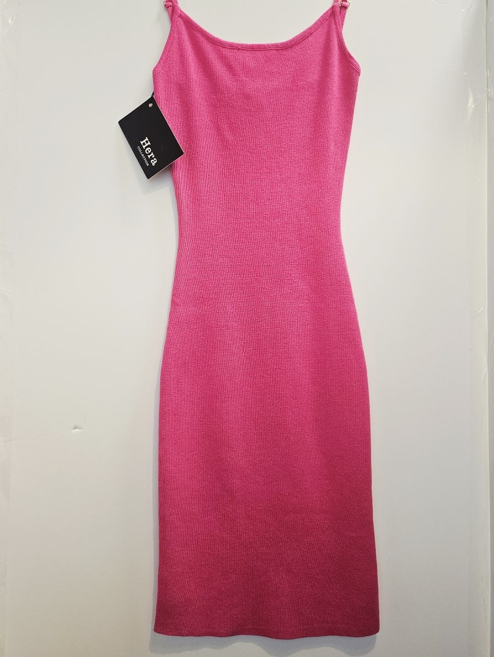 NWT Hera Collection Hot Pink Knit Midi Dress Size S Ribbed Bodycon Spaghetti Str